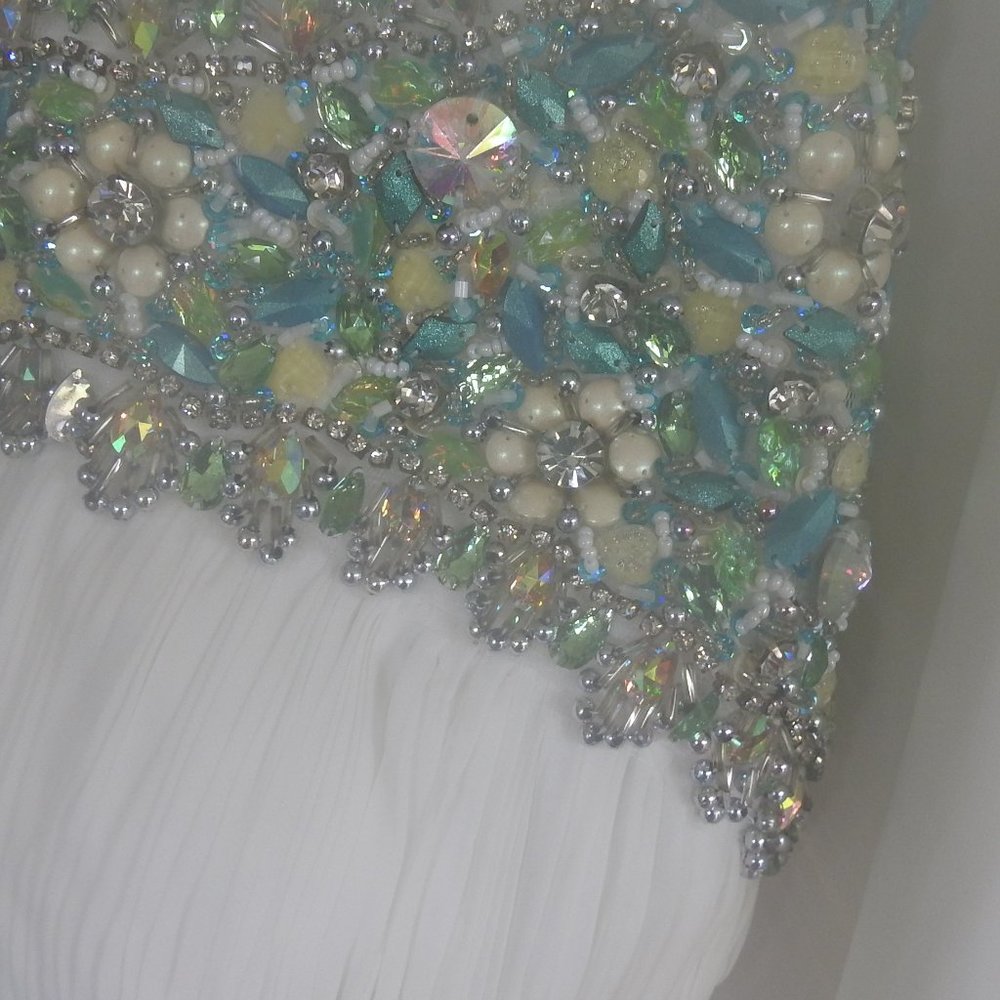 White Sherri Hill Jewel Encrusted Gown teal silver - Picture 13 of 15